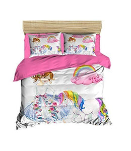 100% Cotton Unicorn Bedding Set, Full/Queen Size Quilt/Duvet Cover Set, Girls Bed Set, No Flat or Fitted Sheet