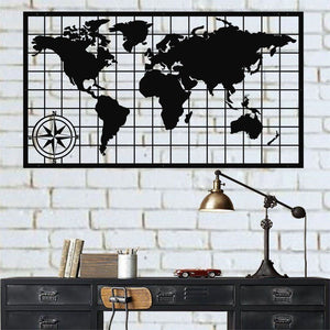Metal Wall Decor World Map Continents with Compass Metal
