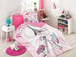 100% Cotton Paris Bedding Set, Bicycle and Eiffel Tower Themed Single/Twin Size Quilt/Duvet Cover Set with Fitted Sheet, Pink, 3 Pieces